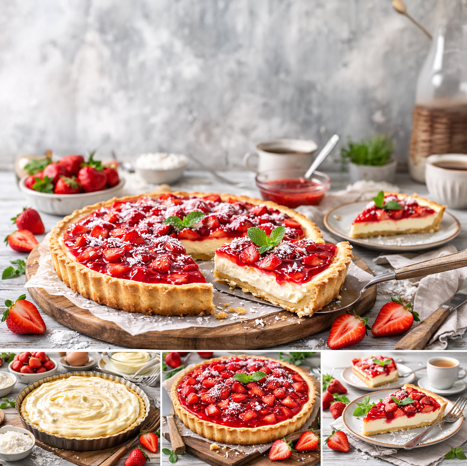 Jahodový koláč s krémem z pudinku a tvarohu